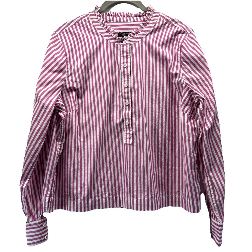 Talbots Women's Crop Top Blouse Size Large Petite LP Pink White Stripe Ruffle‎
